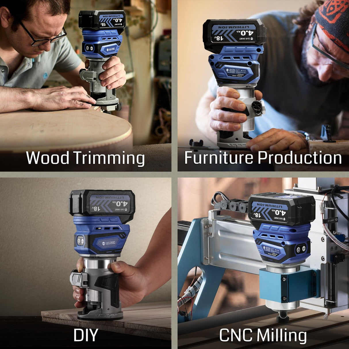 SainSmart Cordless Router With 2PCS Batteries, 18V-21V Brushless Compact Router Wood Tool, Fixed Base, 5 Level Speeds, 28000 R/MIN MAX, with 1/4” Collet, for CNC Woodworking & DIY Project SainSmart