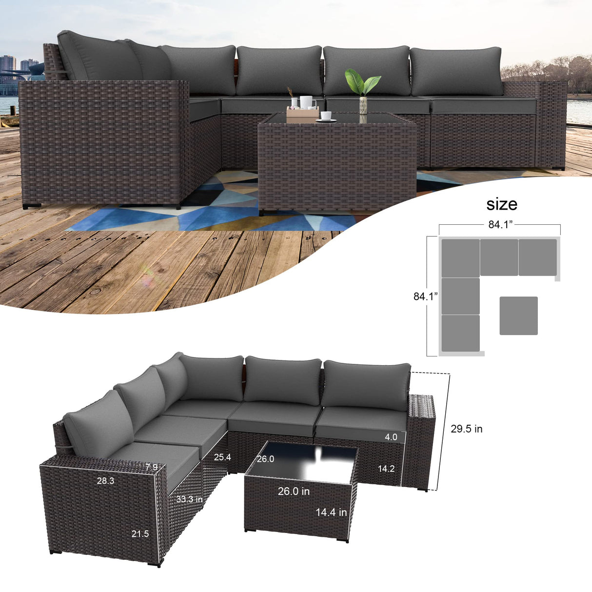 Kullavik Outdoor Patio Furniture Set 6 Pieces Sectional Rattan Sofa Set Brown PE Rattan Wicker Patio Conversation Set with 5 Grey Seat Cushions and 1 Tempered Glass Table Kullavik