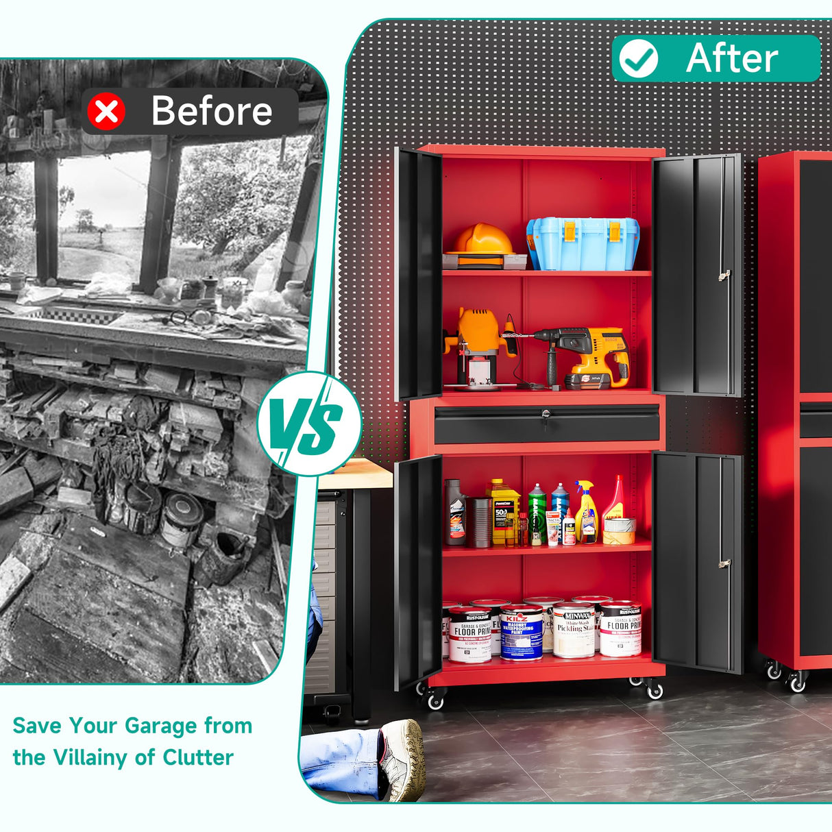 Metal Storage Cabinet with Wheels and Drawer,Rolling Garage Storage Cabinet with Lock,Black Red Metal Cabinet with Wheels,73" Mobile Tall Large Storage Cabinet on Wheels for Home,Office,Garage,Shop SISESOL