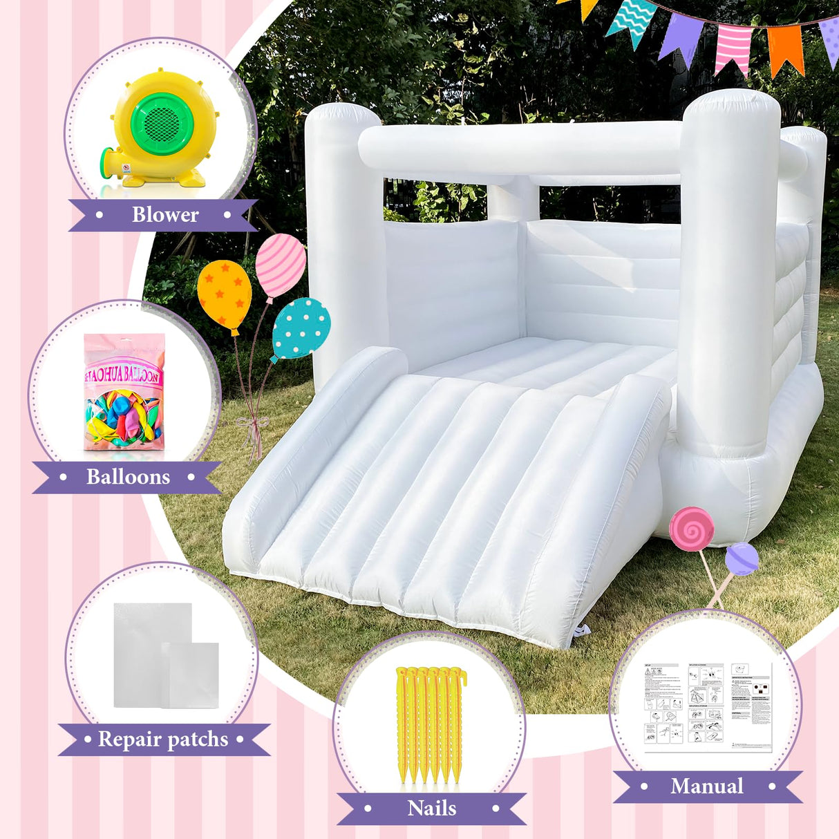 iLink-outer White Bounce House for Kid and Adult Large Indoor Outdoor Bouncy Castle Theme for Kids 133.86 x 96.46 x 74.02 inch Big Playhouse for Party iLink-outer