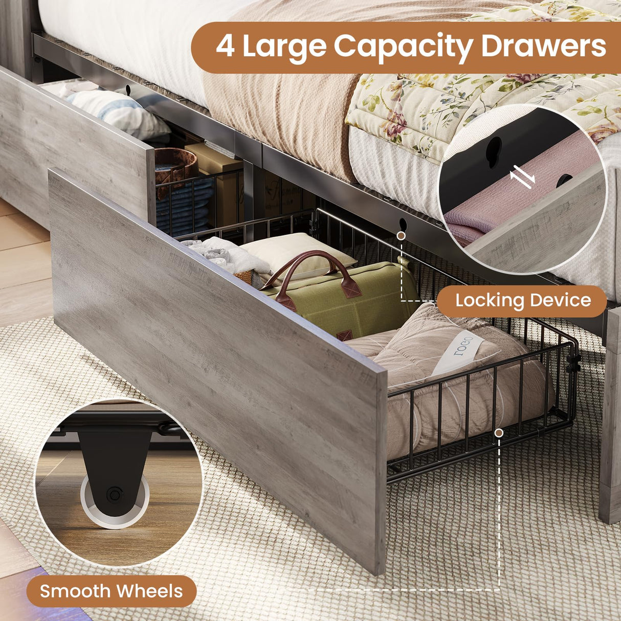 VIAGDO Farmhouse Bed Frame Queen Size with Bookcase Storage Headboard, Charging Station and LED Lights, Wooden Queen Bed Frame with 4 Drawers, Barn Door Design, No Box Spring Needed, No Noise, Grey VIAGDO