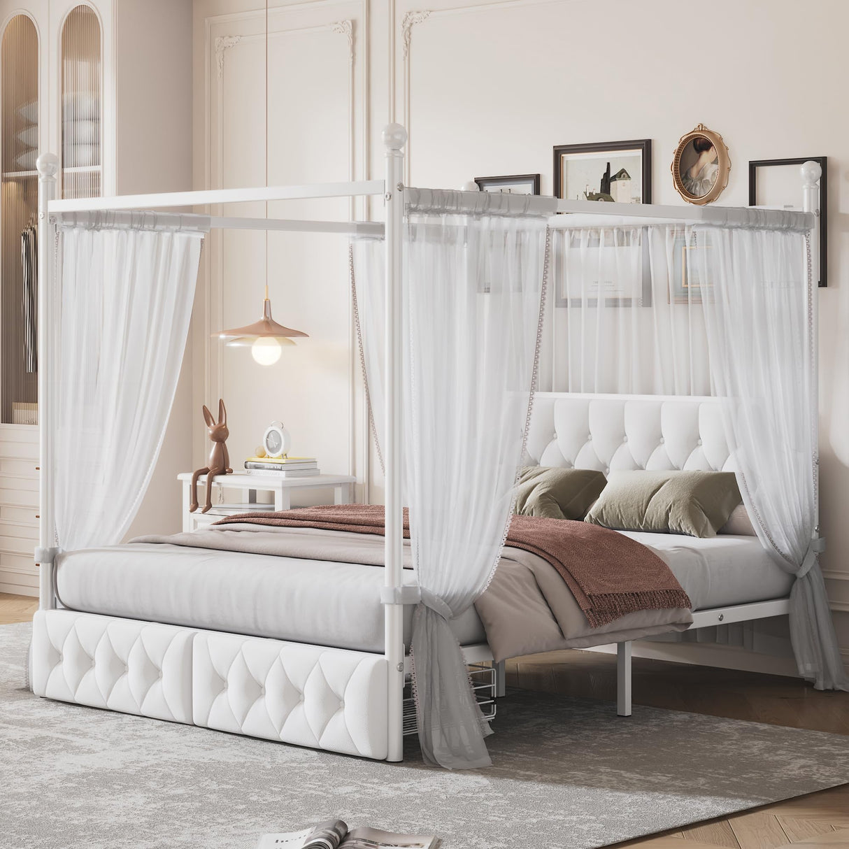 SOFTSEA Metal Canopy Bed Frame Queen Size Upholstered Canopy Bed Frame with 2 Drawer, Four-Poster Metal Platform Bed with Upholstered Headboard, White SOFTSEA