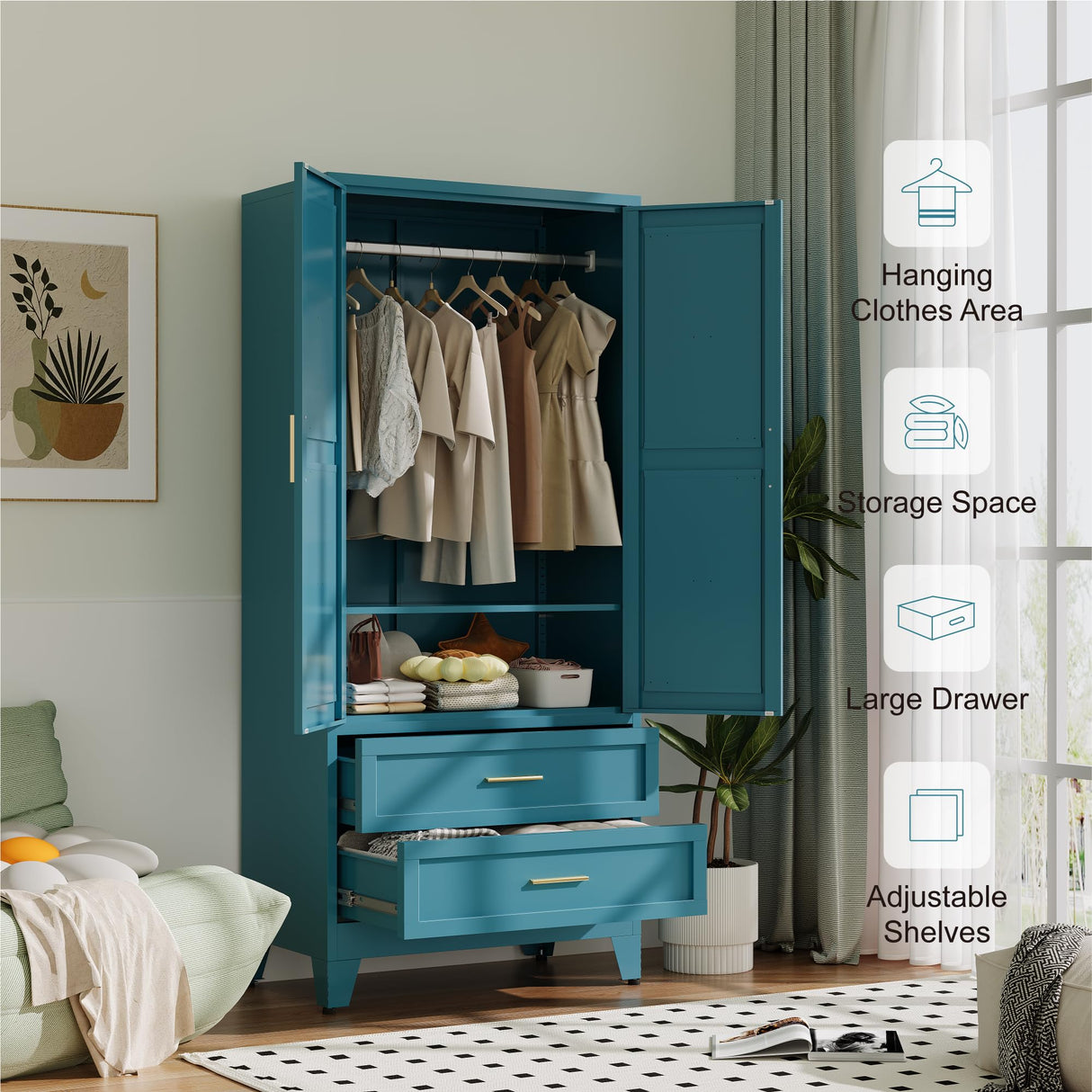 Baborokic Metal Wardrobe Cabinet with Hanging Rod, 71" Armoire Wardrobe Closet with 2 Drawers,Farmhouse Metal Clothing Storage Cabinets with Door and Adjustable Shelves for Bedroom,Laundry Room(Blue) Baborokic