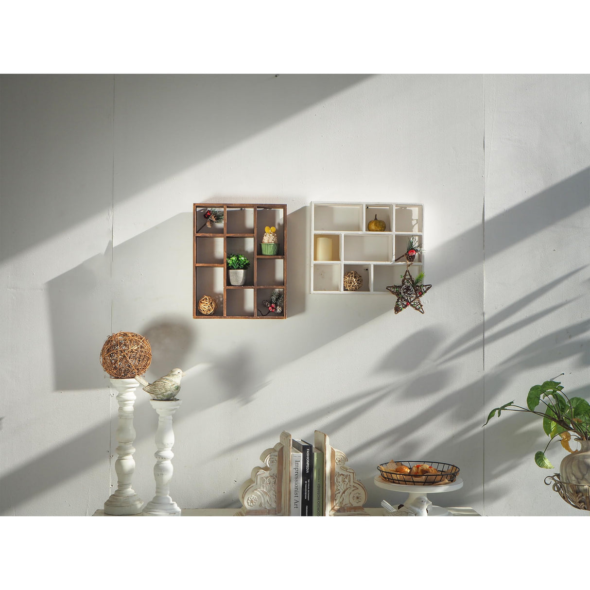 SOFE Small Brown Wood Shadow Box with Shelves, 3 Tier Wall Shelving Unit, 9-Compartment Wall Mounted Curio Cabinet, Knick Knack Display Shelf, Floating Cube Shelves for Walls, Shot Glass Display Case SOFE