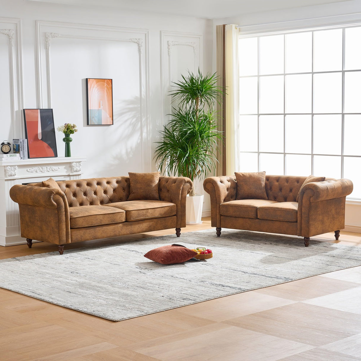 KEIKI 83" Luxury Chesterfield Leather Sofa, Mid Century Modern 3 Seater Couch w/Roll Armrest, Comfy Sleeper Cloud Couches SofaBed for Office, Apartment Living Room & Bedroom, Easy Assembly, Brown KEIKI