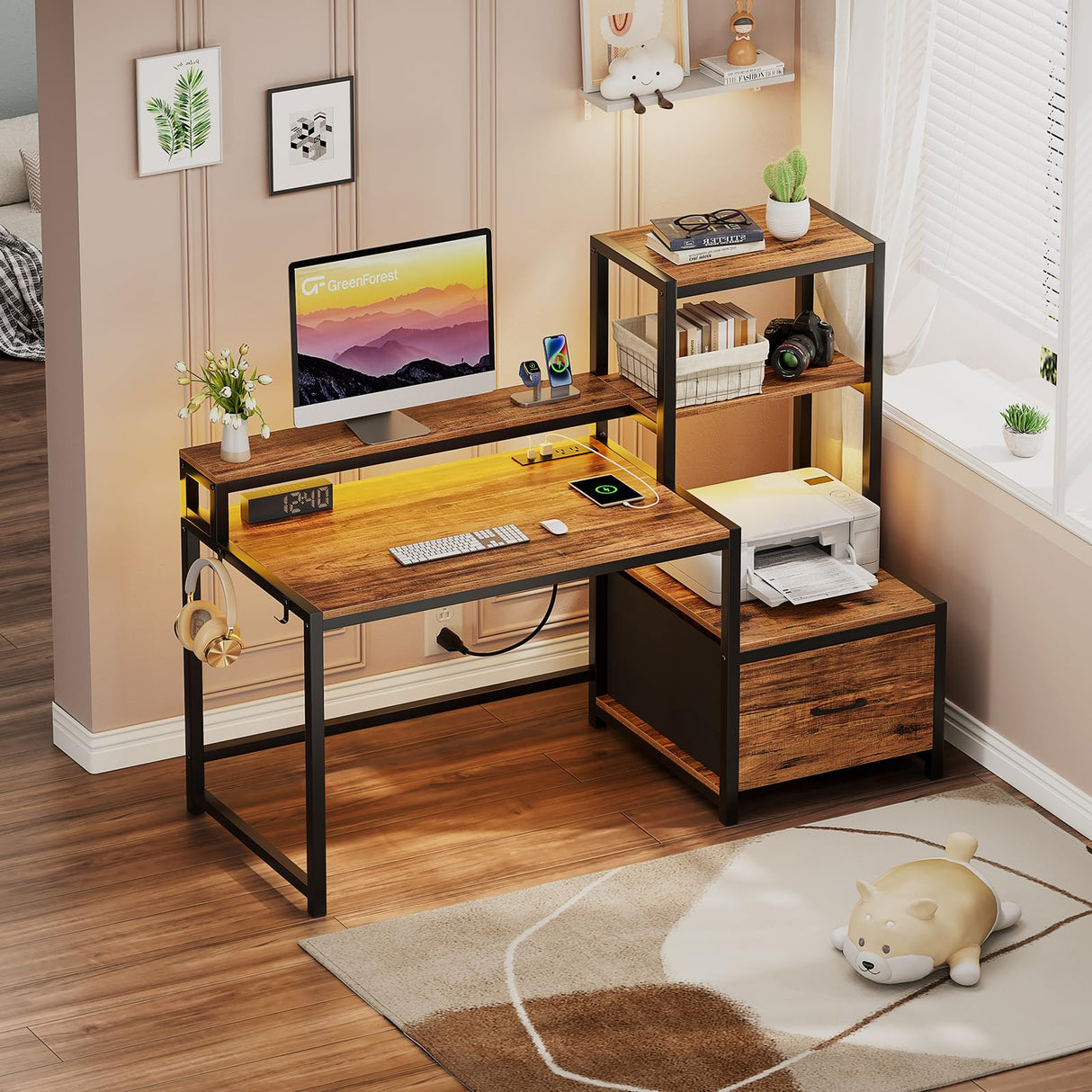 GreenForest Computer Desk with Drawers and Monitor Stand, Home Office Desk with Storage Shelves, Small Gaming Desk with Power Outlets and LED Lights for Study Writing Working, 51 inch Walnut GreenForest