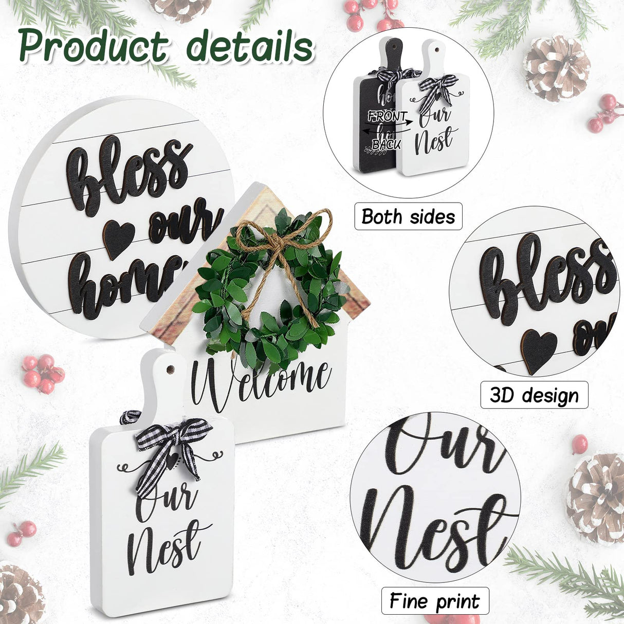 4 Pieces Farmhouse Tiered Tray Decor Set Including House Farmhouse Sign Wooden Small Items Plaid Wood Bead Garland for Home Decor(Simple Style) Yookeer