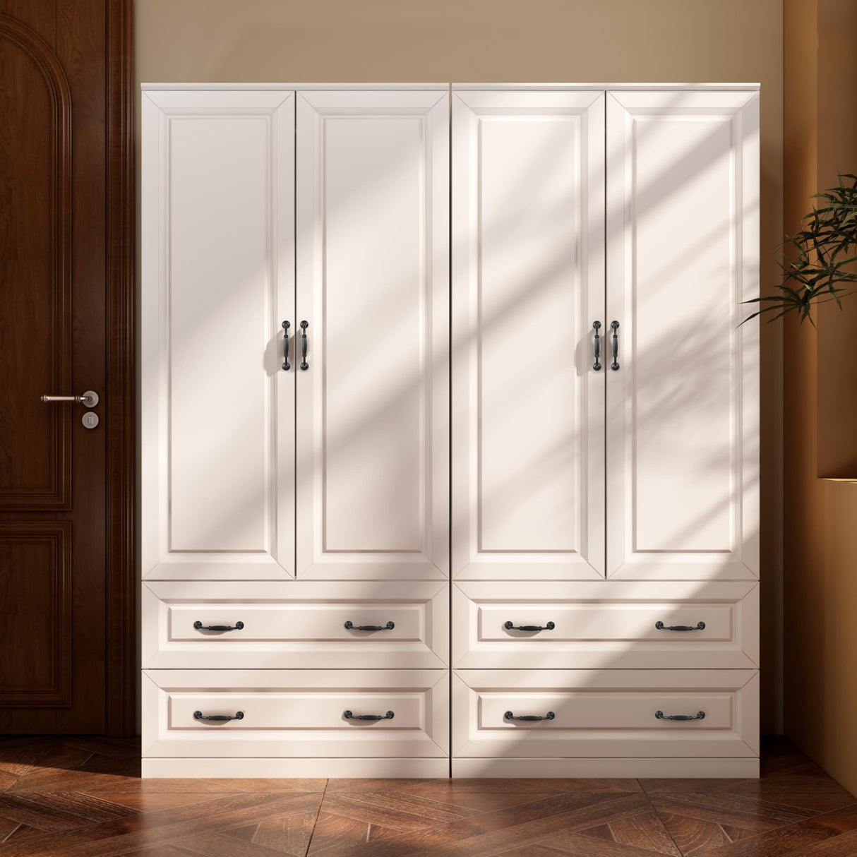 NewBeth 71" Wood Armoire Wardrobe Closet with 2 Doors and 2 Drawers, Clothes Storage Organizer Cabinets with Hanging Rod Freestanding Wardrobe for Bedroom, White (Style1) NewBeth