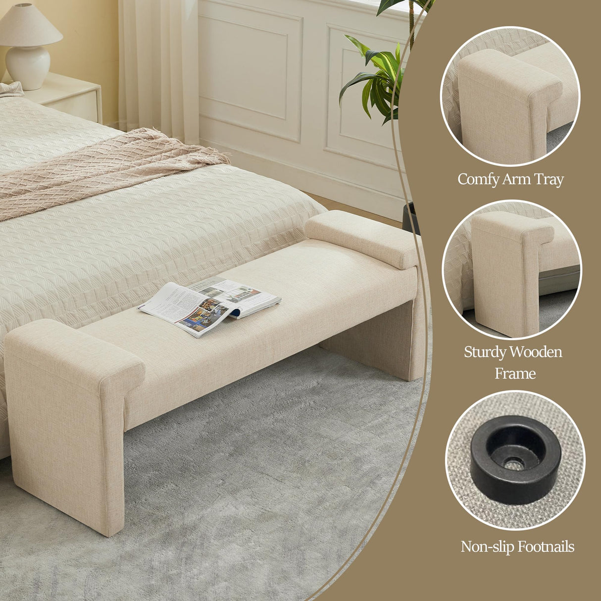 WUTUTUEE 58.7" Linen End of Bed Bench Upholstered Modern Bedroom Bench for Living Room & Entryway, Easy Assembly, Footrest Ottoman Accent Window Bench with Solid Wood Frame & Curved Arm, Tan WUTUTUEE