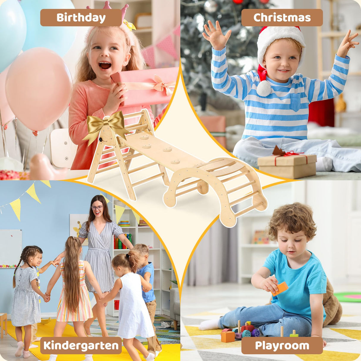 YOLEO Pikler Triangle Set, Foldable 7-in-1 Montessori Climbing Set Fun Baby Pickler-3 Piece Climbing Jungle Gym and Indoor Playground Climbing Toys for Toddlers 1-3 Inside (Natural, Standard Version) YOLEO