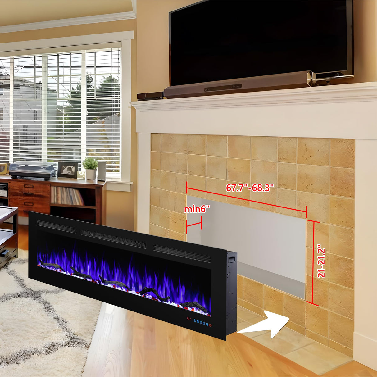 Valuxhome 72in Smart App Electric Fireplace,Recessed & Wall-Mount, Logset & Crystal,Decoration,Remote Control, 750/1500W,Black,Overheating Protection,62-86°F,Hard-Wire Valuxhome