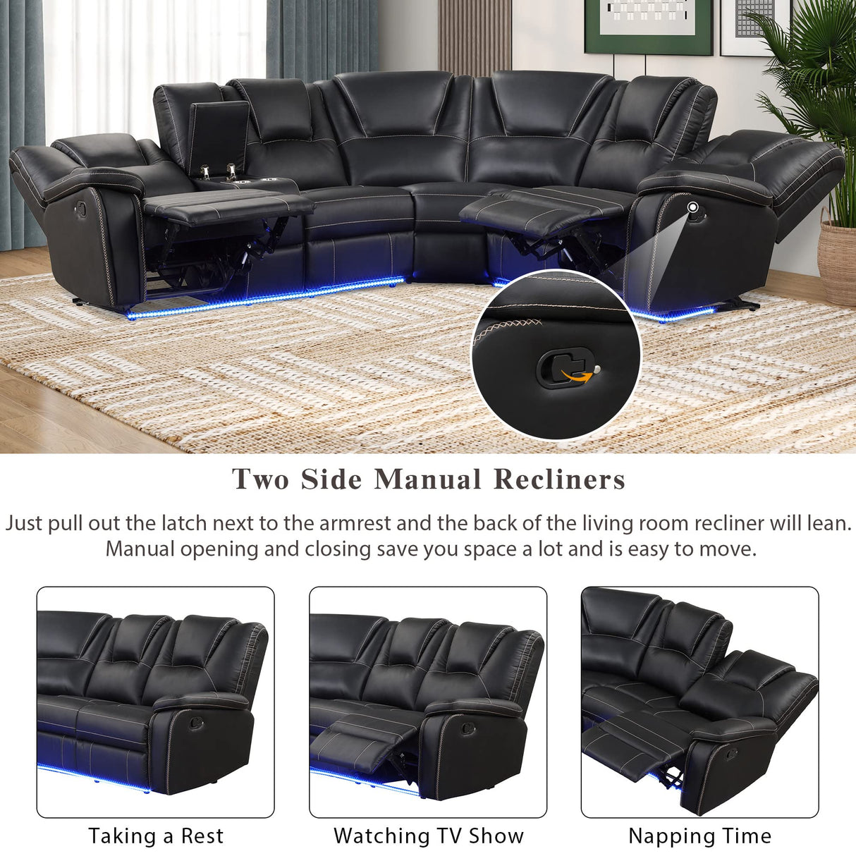 Favfurish 102.36" Home Theater Seating Seats, Movie Theater Chairs with Center Console with LED Light Strip,Living Room Furniture Set,PU Symmetrical Couch with 2 Cup Holders and Storage,Black Favfurish