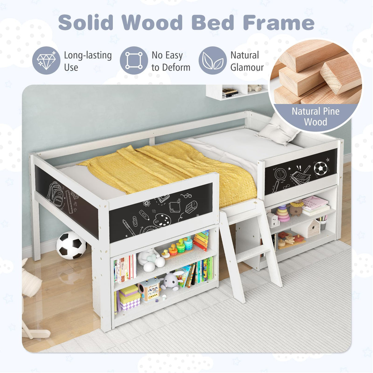Giantex Low Loft Bed Twin Size, Wooden Loft Bed with Ladder & Blackboard, Twin Bed Frames for Kids with Storage 2 Bookcases and Under-Bed Play Space, Kids Twin Bed (White) Giantex