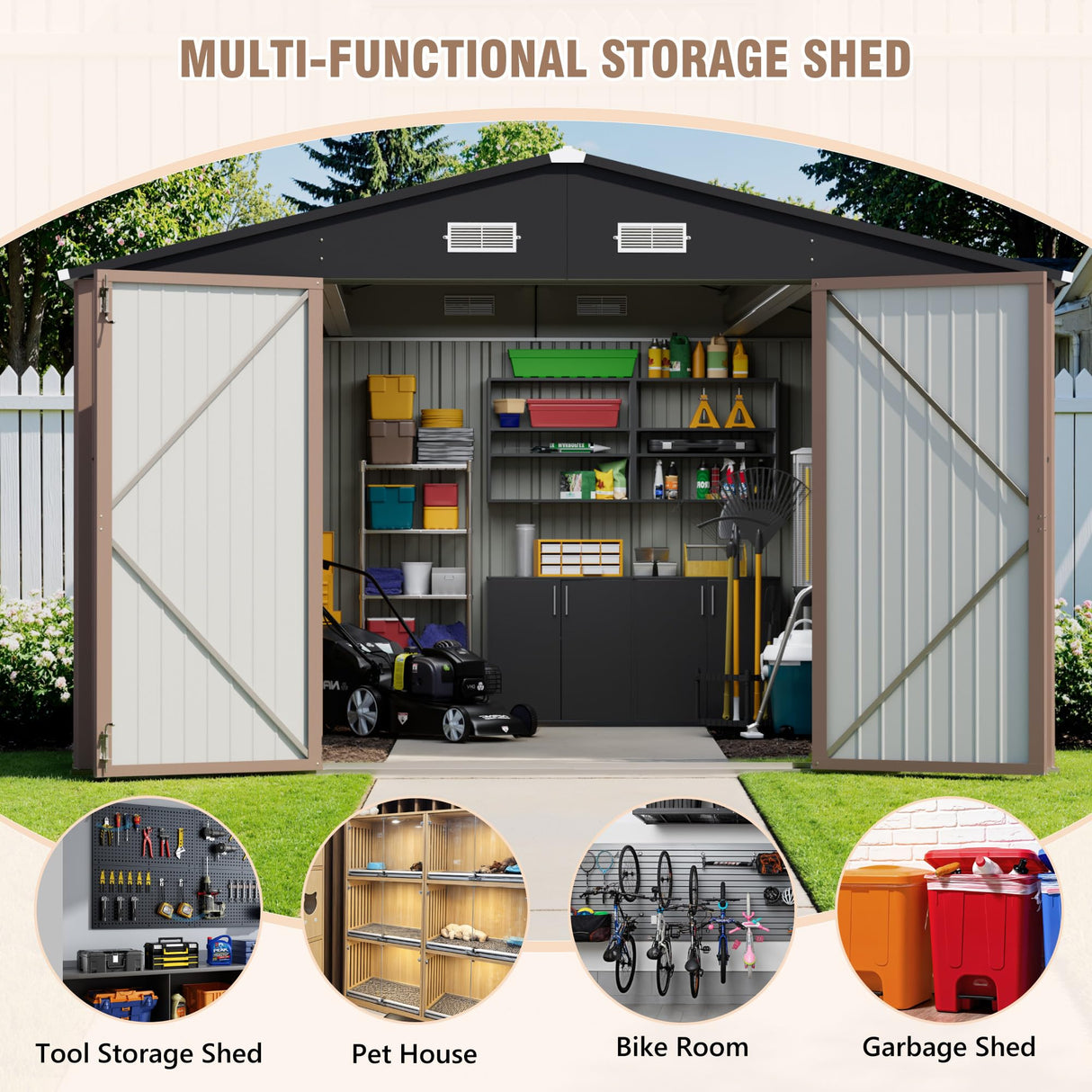 Greesum 10×14 FT Outdoor Storage Shed, Metal Storaged Sheds Without Floor, Tool Sheds with Lockable Doors and Sloping Roof for Garden, Patio, Backyard, Brown Greesum