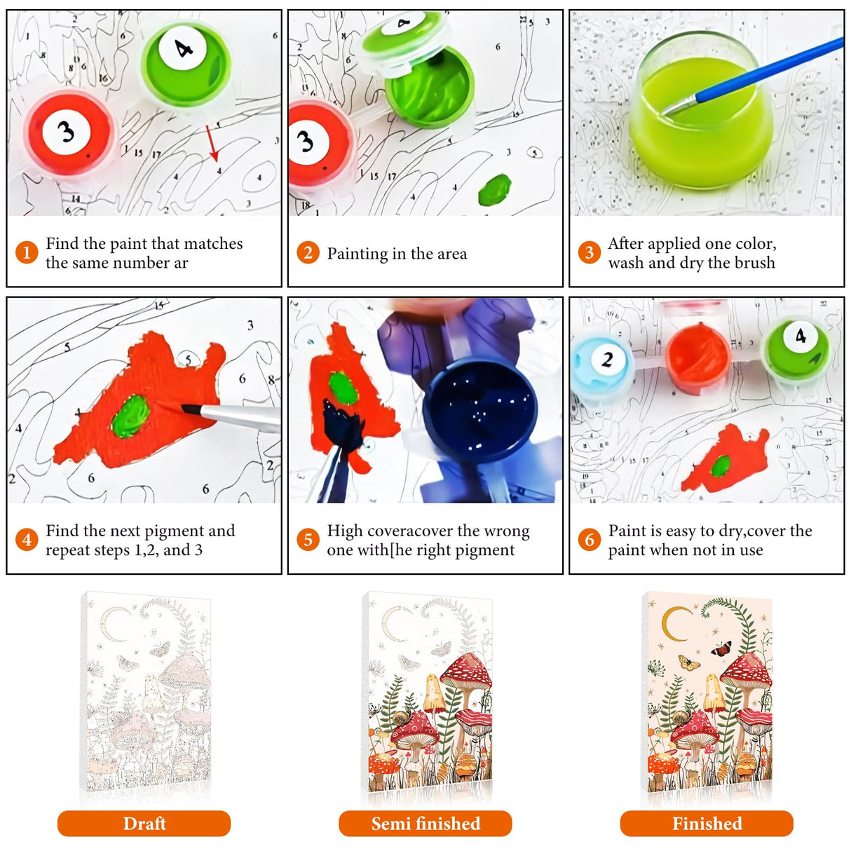 Framed Paint by Numbers Kit for Adults Beginner & Kids Ages 8-12, Moon Mushroom Forest Paint by Number with Frame, Easy Acrylic Butterfly Painting by Numbers Kit on Canvas 8x12 inch Fountor