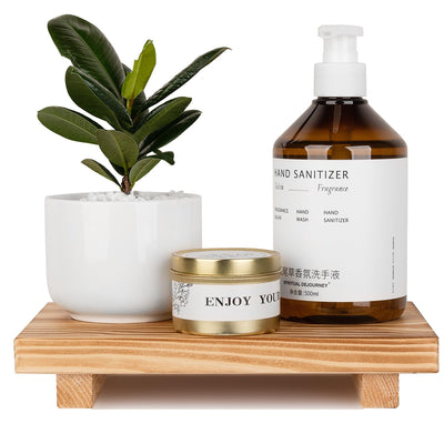 Bathroom Counter Organizer Wood Pedestal Stand Farmhouse Decorative Tray Soap Holder for Kitchen Decor, 9" x 6" - Brown