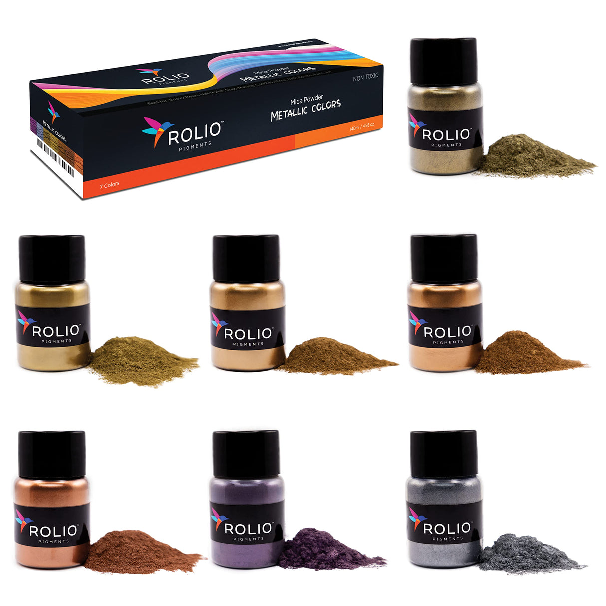 Rolio - Metallic Pigment Powder - 7 Jars/ 20ml, Metallic Mica Powder for Epoxy Resin, Paint, Nail Art, Slime, Tumblers, Polymer Clay and Other Crafts Rolio