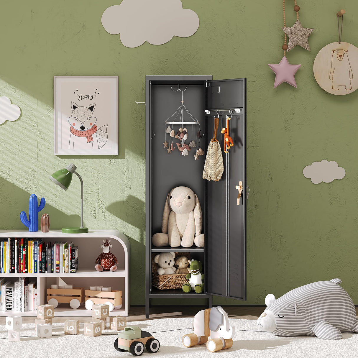 SUPEER 1 Door Metal Storage Lockers with Handle and Hanging Rod,Metal Locker for Employees with Pegboard and Hooks for Home,Office,Gym, School, Garage,Assembly Required,Black SUPEER