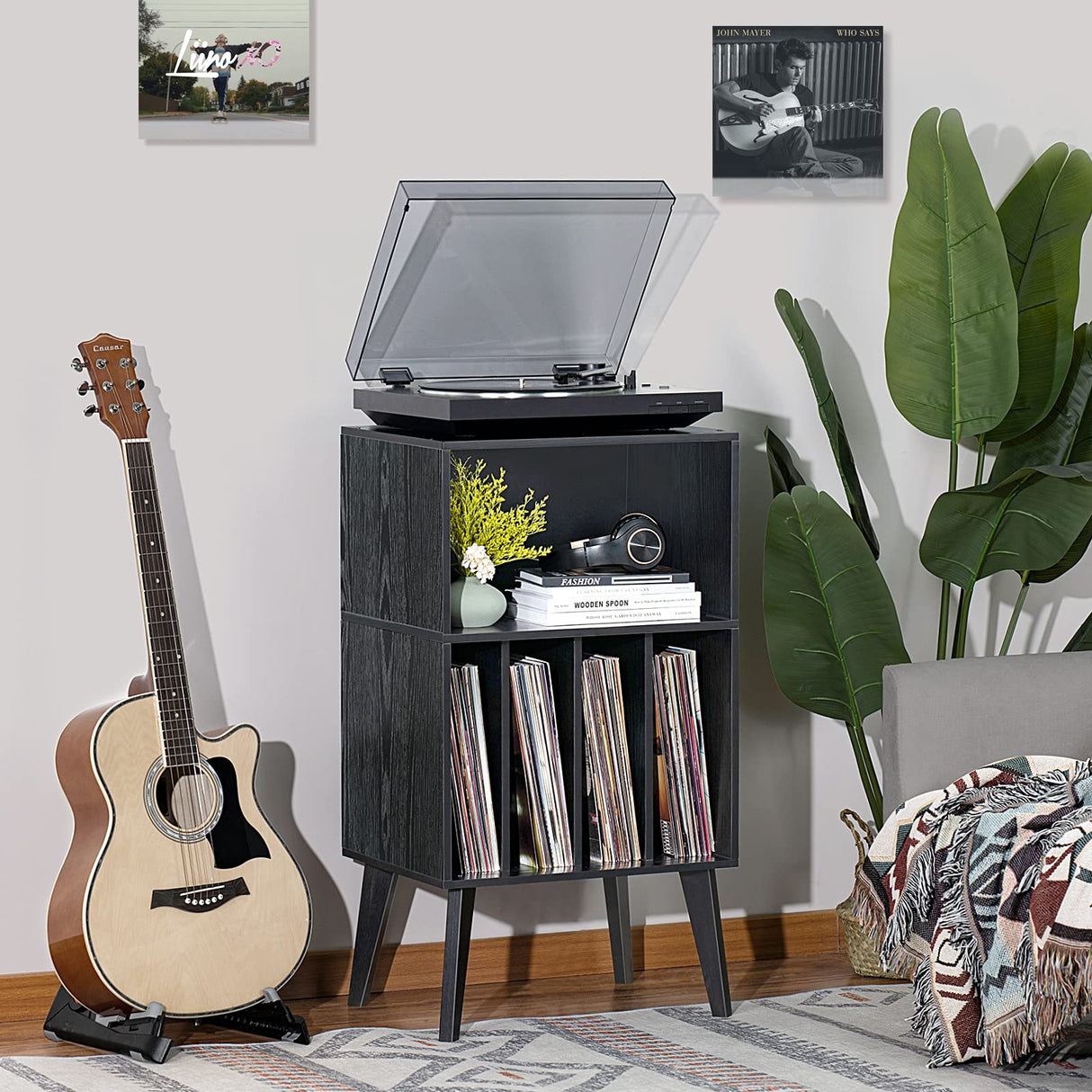 Lerliuo Record Player Stand, Black Turntable Stand Holds up to 160 Albums, Mid-Century Vinyl Storage Cabinet Table with Solid Wood Legs, Record Player Holder Dispaly Shelf for Bedroom Living Room Lerliuo