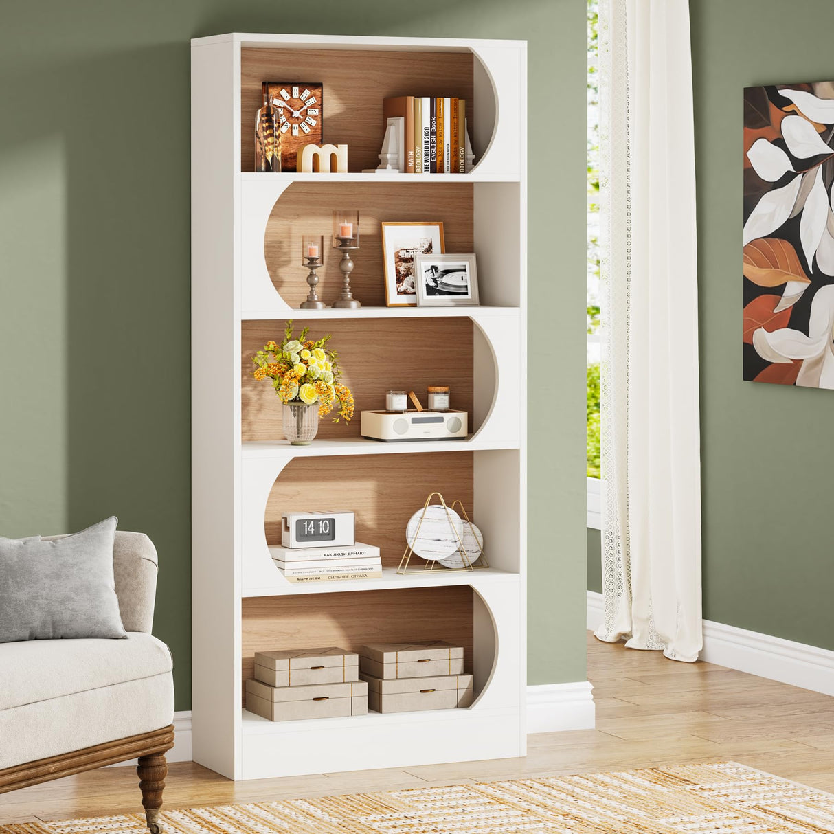 Tribesigns Modern 71" 5-Tier Freestanding Bookshelf with Versatile Storage in White and Walnut Tribesigns