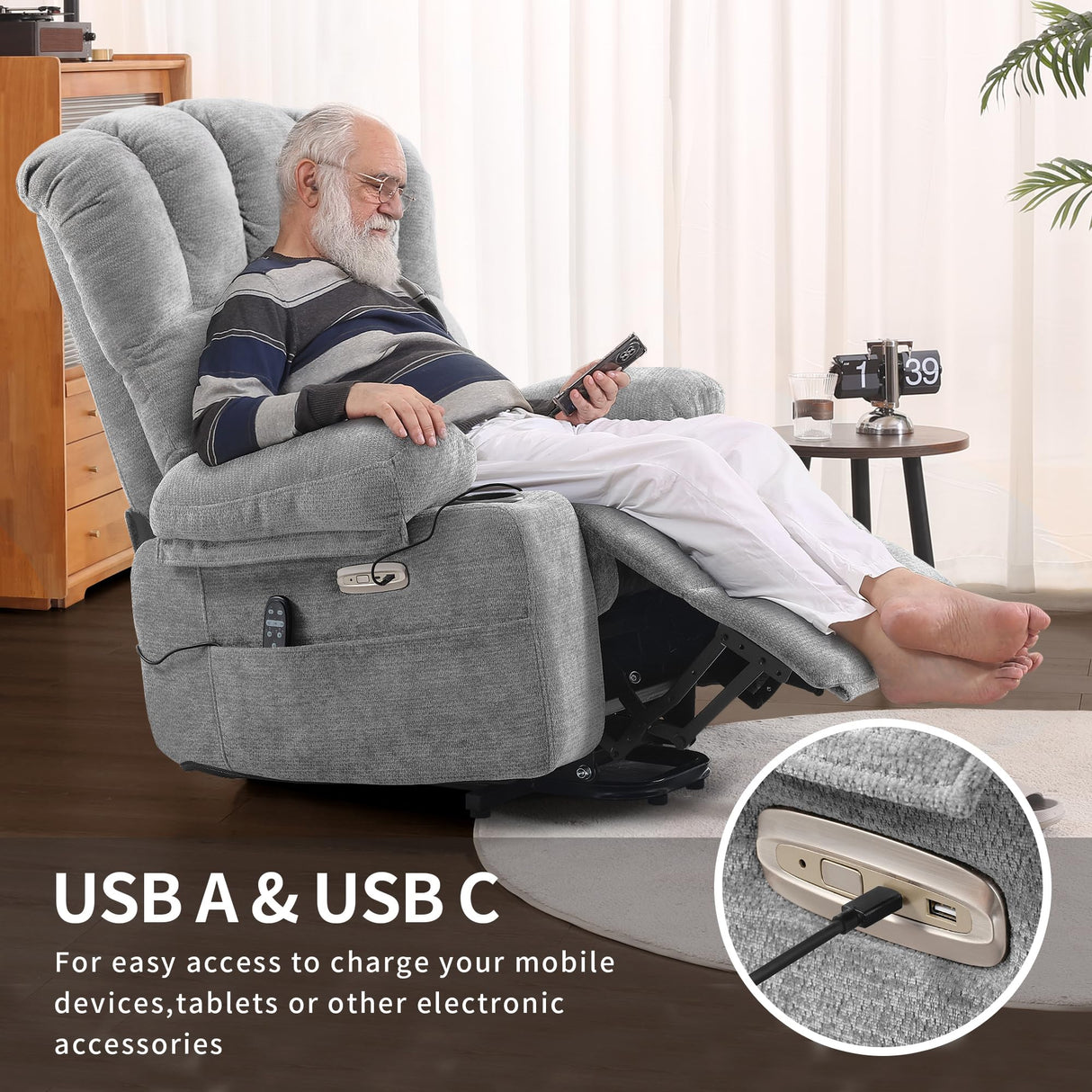 DURASPACE Power Lift Recliner Electric Lift Massage Recliner Chairs with Heat, Large Shell Velvet Backrest Lift Chair Recliners for Elderly, Seniors (Gray) DURASPACE