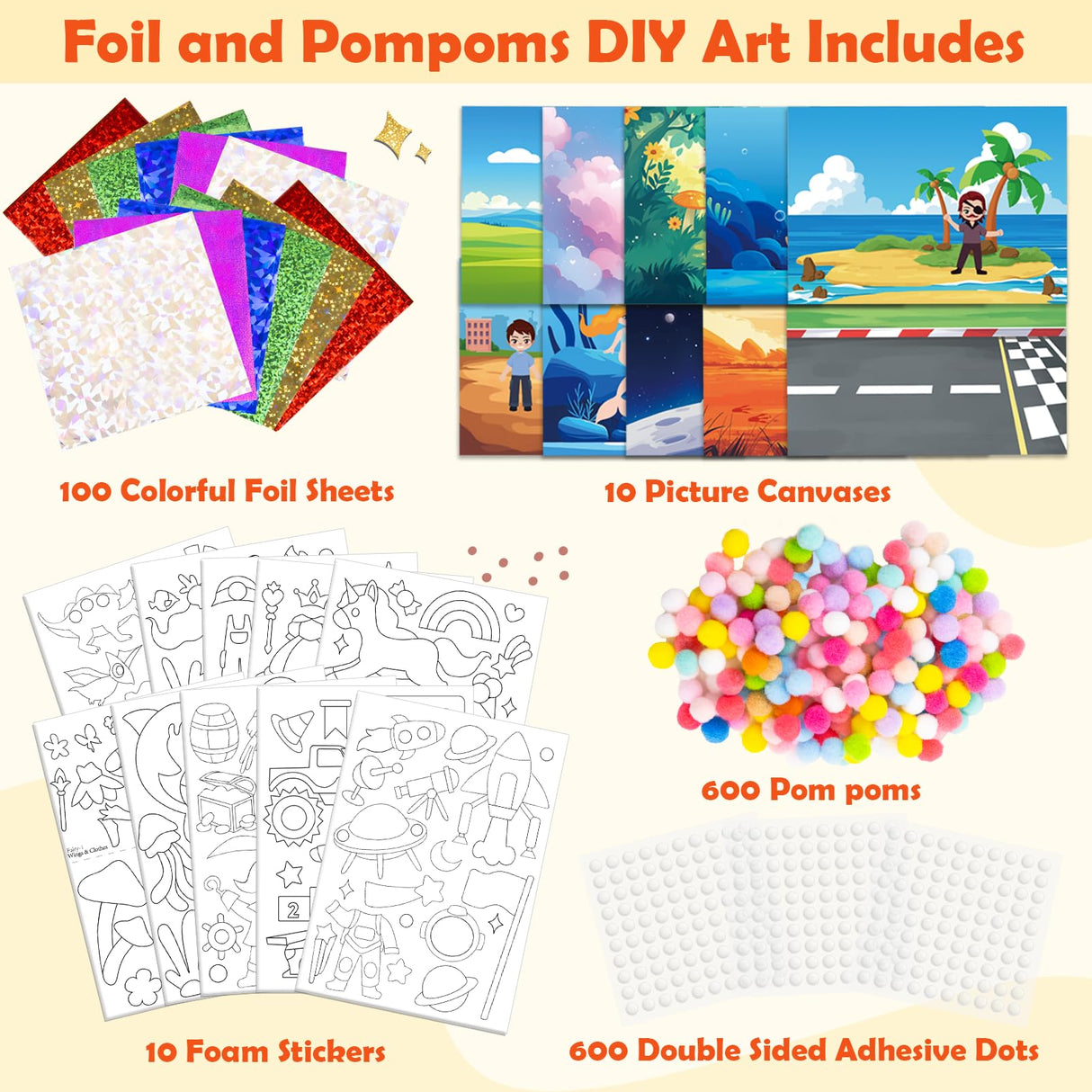 PARTYWIND Foil & Pom poms Art Fun Kit for Kids Ages 4-8 - Unicorns, Princesses, and Ocean DIY Arts & Crafts Supplies, Quiet Time Travel Toys, Birthday Gifts for Girls & Boys Ages 4 5 6 7 8 9 10 11 12 PARTYWIND