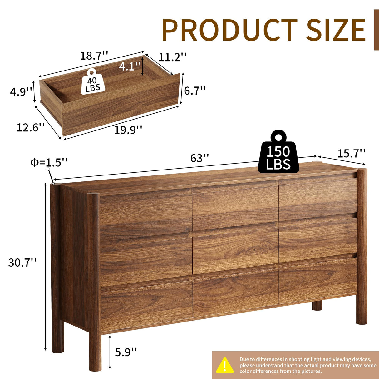 CHUWELL Walnut Dresser for Bedroom, 63" Wide Mid Century Modern Chest of Drawers with 9 Large Storage Space and 4 Solid Wood Cylindrical Legs, 9 Drawer Large Dresser for Bedroom(Walnut) CHUWELL