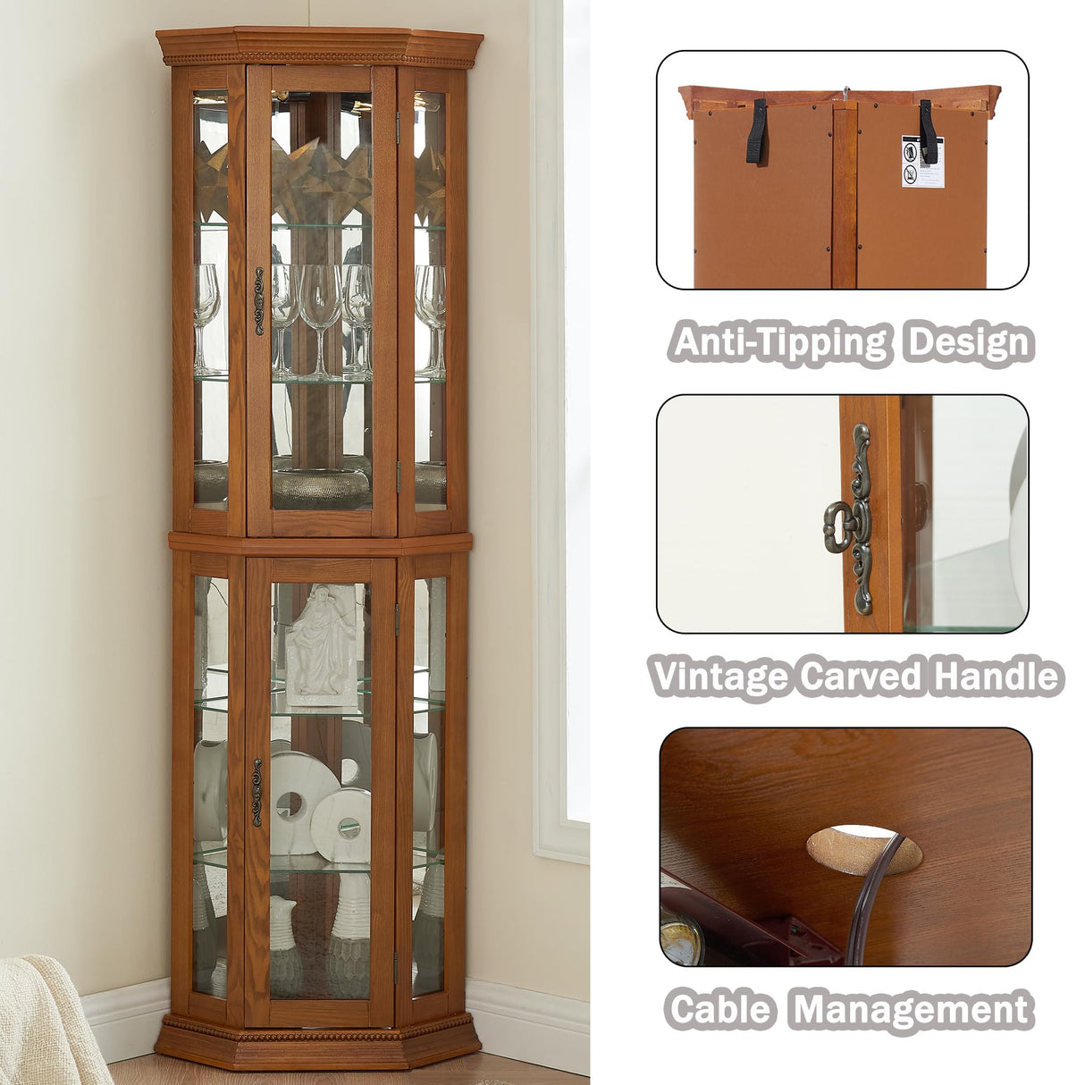 XZTUAJ 69" H Corner Curio Cabinet with Light,3-Side Glass Corner Display Case with Adjustable Shelves & Tempered Glass Doors,Curved Wooden Showcase Corner Storage Rack for Living Room & Kitchen (Oak) XZTUAJ