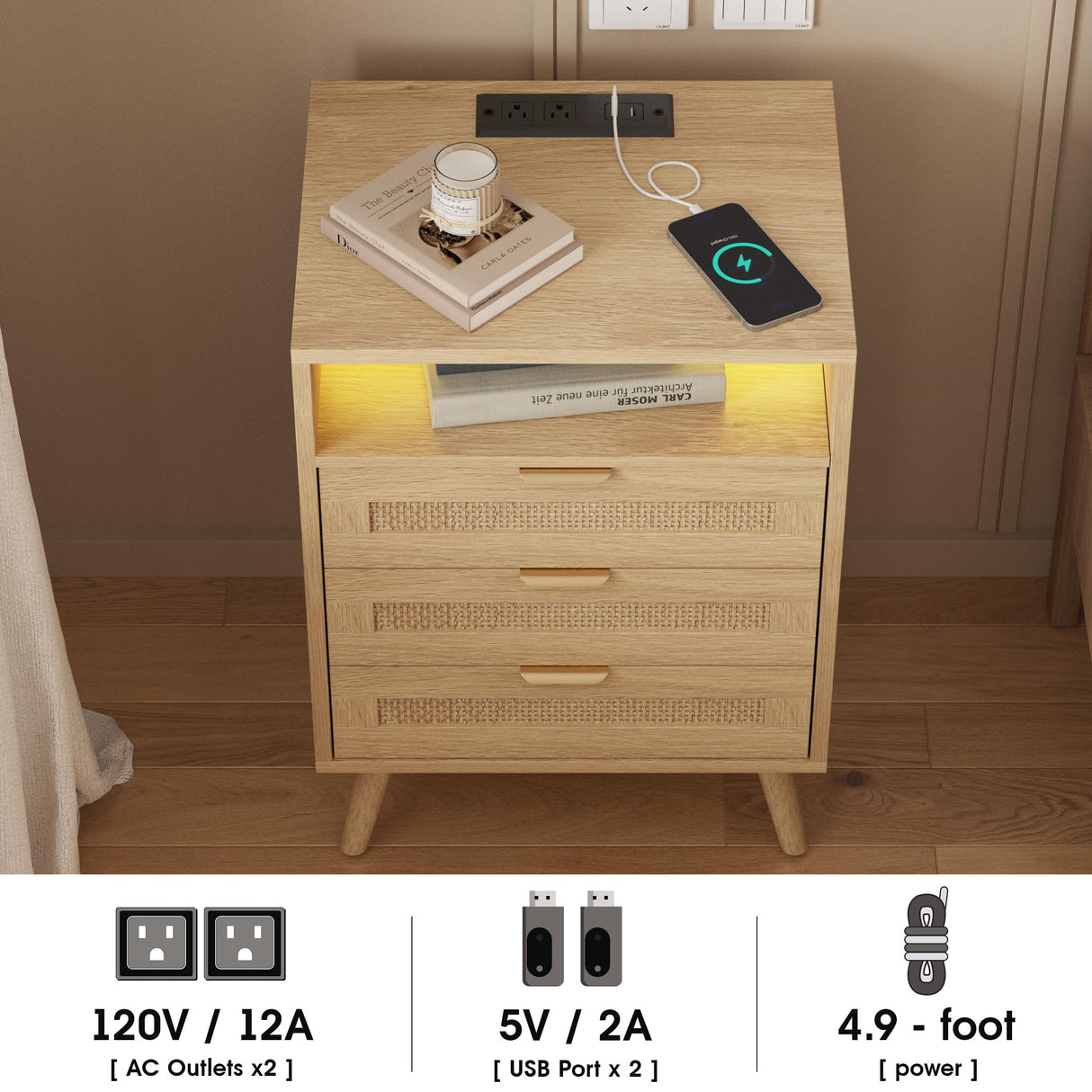 Halitaa Rattan Nightstand with Charging Station USB Port Led Lights and 3 Storage Drawers, Bedroom Furniture Night Stand Bedside Table Bed Side Table End Table Sofa Table (2 Pack) Halitaa