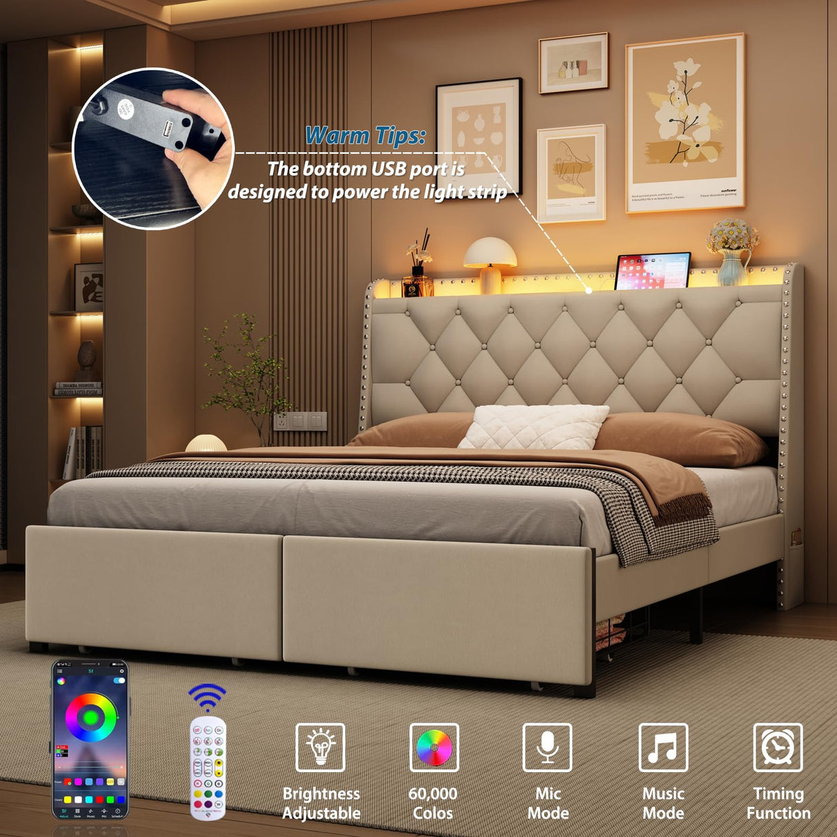 Etditrnp Full Bed Frame with Storage Drawers, LED Bed Frame with Charging Station, Velvet Button Tufted Upholstered Headboard, Wood Slats Support Noise-Free, No Box Spring Needed, Beige Etditrnp