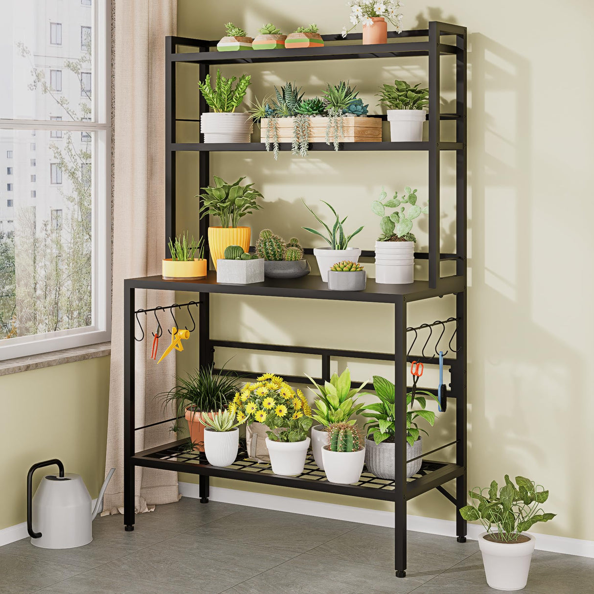FUXJUM 63” Metal Potting Bench&Table with Metal Tabletop, 4-Tier Plant Shelves, 8 Side Hooks, Outdoor/Indoor Gardening Workstation and Plant Stand, Black FUXJUM