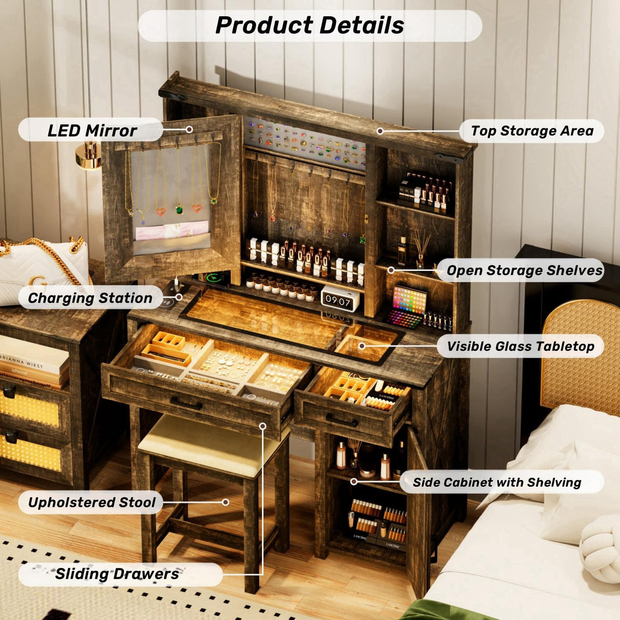 ChicFurnit Farmhouse Makeup Vanity,Vanity Desk with Glass Tabletop & 3 in 1 Charging Station,40'' Vanity Set with Human Body Sensing LED Lights & Hidden Jewelry Cabinet,Stool Included, Vintage Brown ChicFurnit