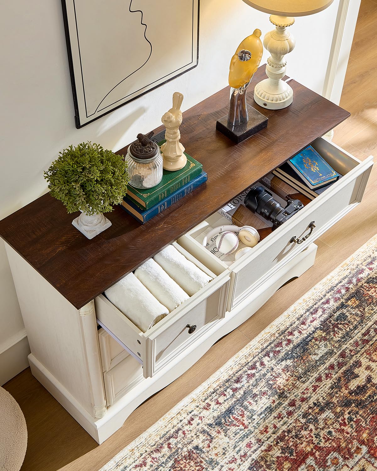 6 Drawers Dresser, Farmhouse Chest of Drawers with Charging Station, Distressed Finish Design, Modern Storage Dressers Organizer TV Stand for Bedroom, Living Room, Hallway, Antique White LegacyAmerhome