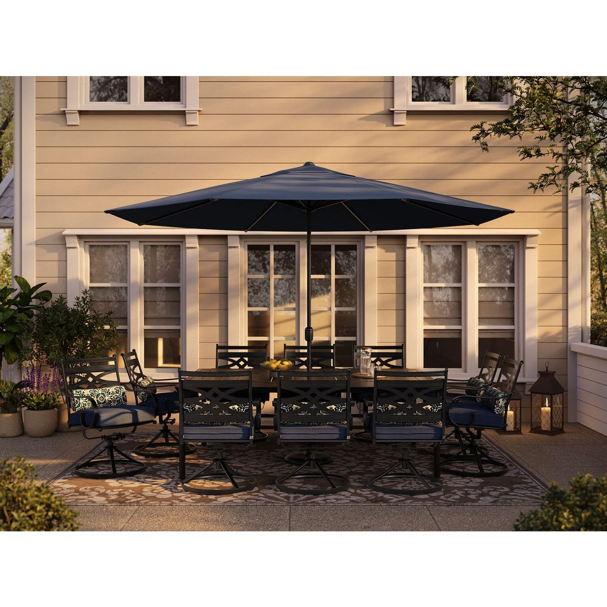 Hanover Montclair 11-Piece Outdoor Dining Set, All-Weather Outdoor Patio Dining Set, 10 Swivel Rocker Chairs with Seat and Lumbar Cushions, 84"x60" Stamped Rectangle Table, Umbrella, and Umbrella Base Hanover