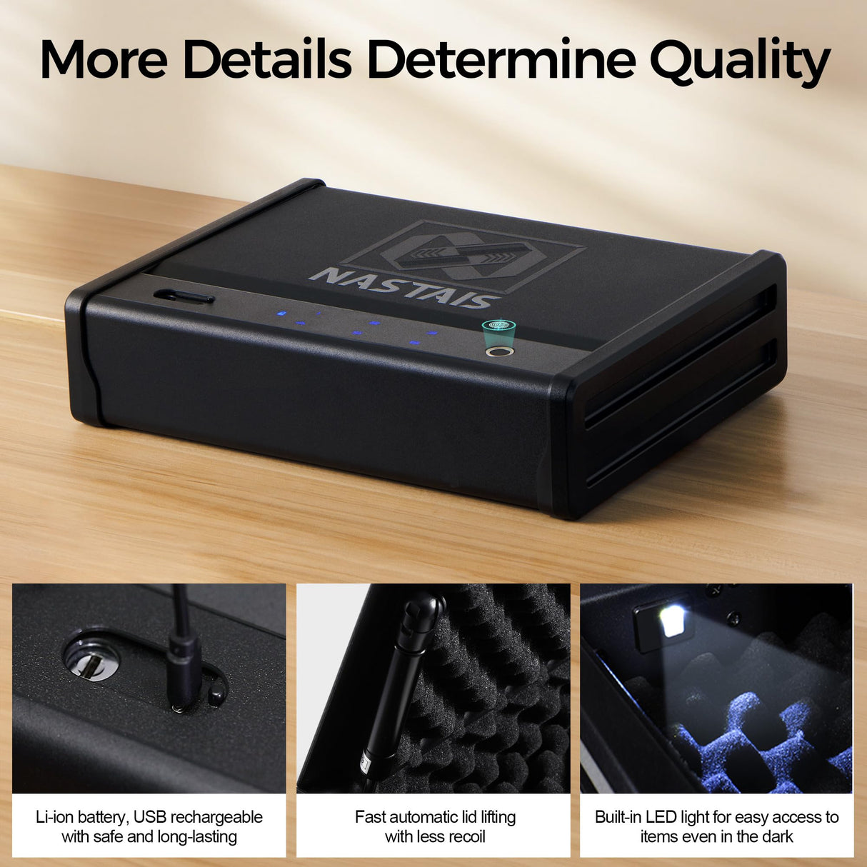 NASTAIS Biometric Fingerprint Gun Safe Pistol Safe 4 Ways 0.1S Quick Access, Fingerprint/Passcode/Key/App Unlock with Rechargeable Battery, Large Capacity Handgun Safe for 2 Pistols NASTAIS