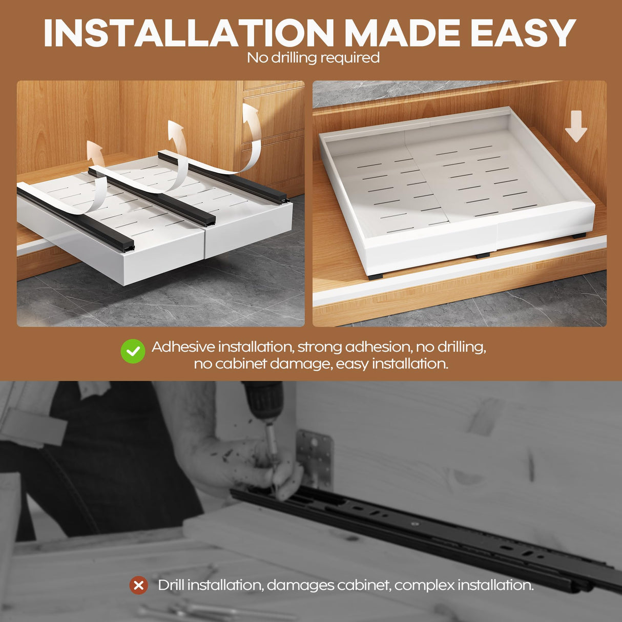 Seinloes 4Pack Expandable Pull Out Cabinet Organizer 21"Deep With Raising Pad for Framed Cabinets,Slide Out Drawers with 4pcs Divider Racks,Roll Out Shelves Adhesive,Adjustable Width 12.05"-20.4"White Seinloes