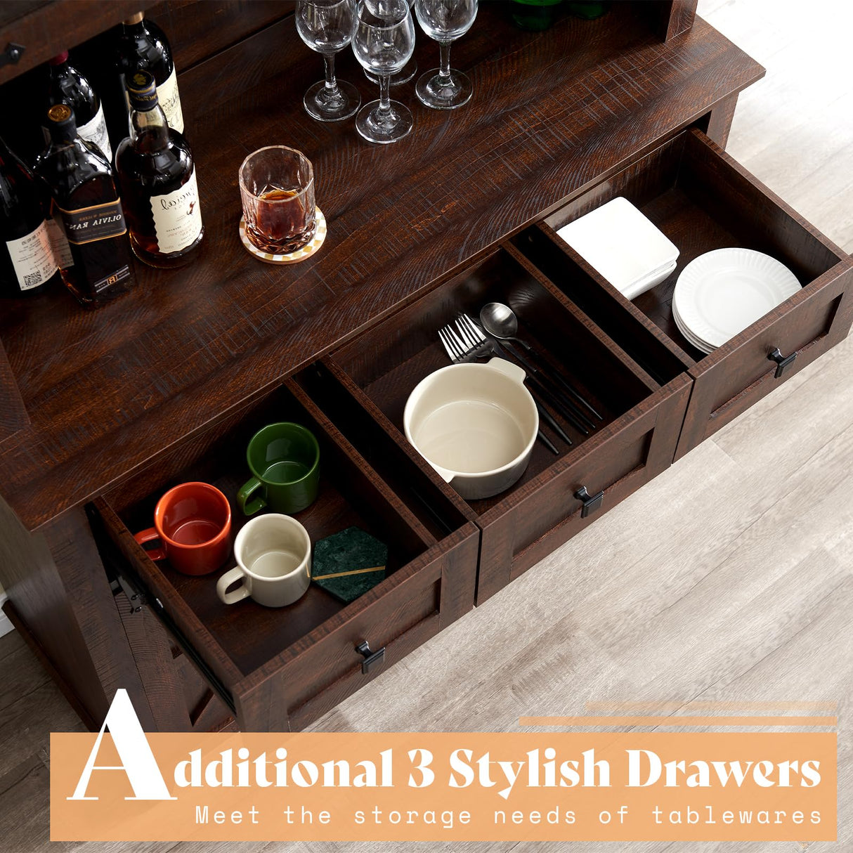 AMERLIFE 72'' Coffee Wine Bar Cabinet with Sliding Barn Door, Farmhouse Kitchen Sideboard, Buffet Storage Table, Wine Glass Racks, 3 Drawers, LED Lights, Tall Hutch Home Bar for Dining Room Brown AMERLIFE