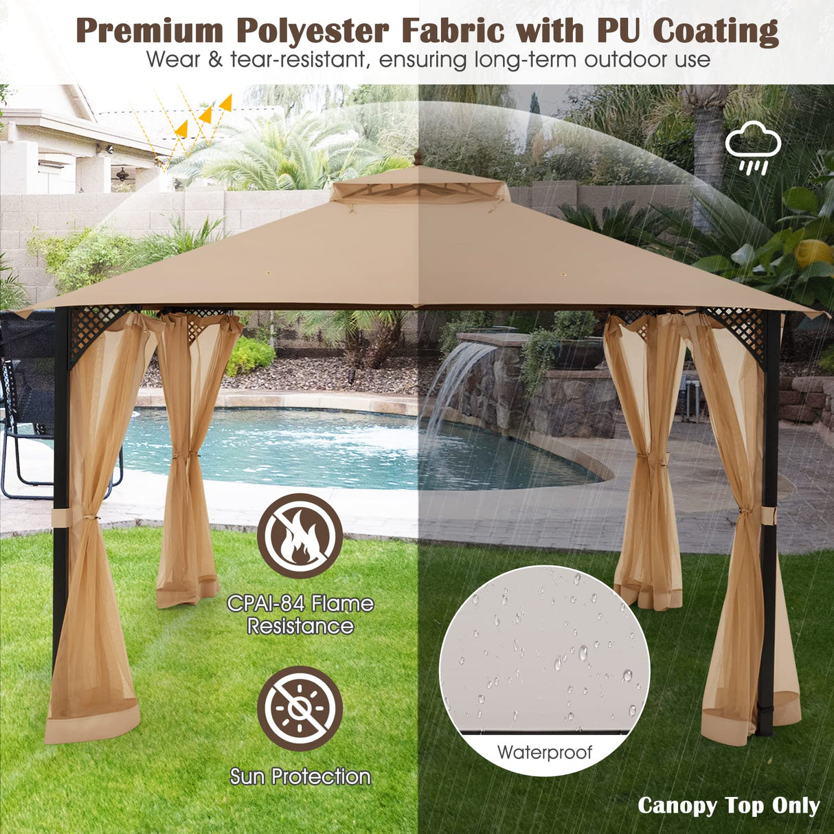 Tangkula 10x12 Ft Gazebo Replacement Canopy Top, Double Tier Canopy Replacement Roof with Air Vent and Drainage Holes, CPAI-84 Outdoor Canopy Top Cover for Garden, Backyard, Patio (Brown) Tangkula