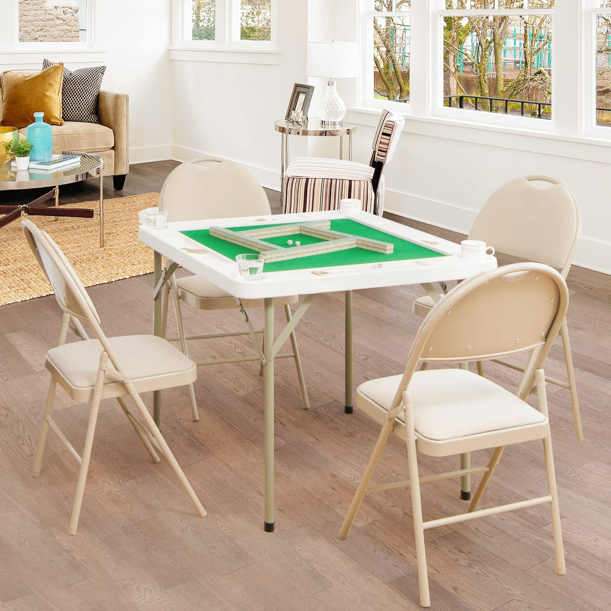 GYMAX Mahjong Table, Folding Square 4 Player Card Table with Cup Holders & Chip Trays, Portable Board Game Domino Table for Mahjong, Poker Blackjack GYMAX