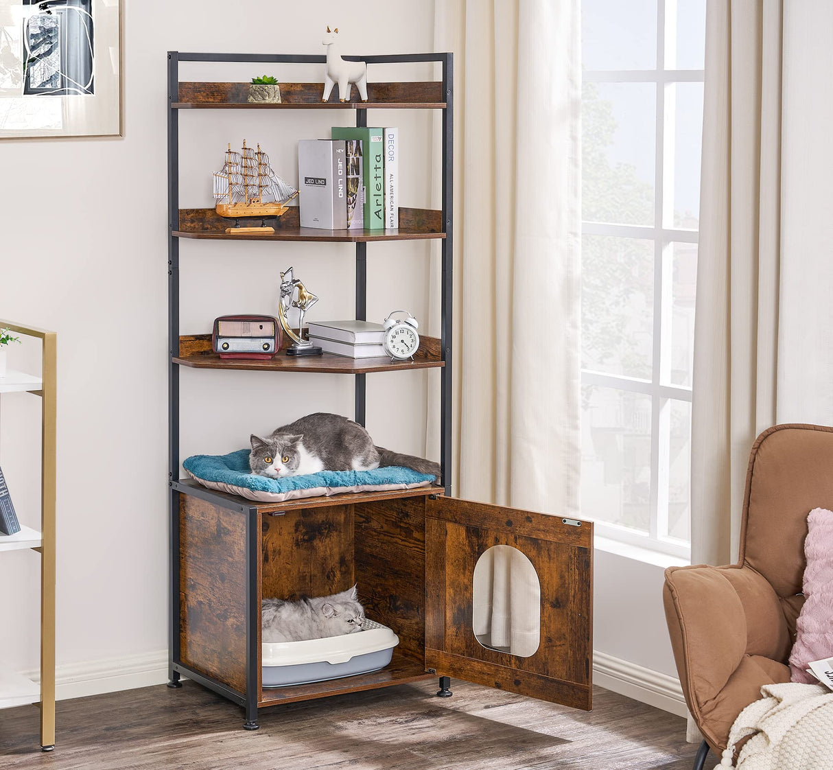 BEWISHOME Cat Litter Box Enclosure Furniture, Hidden Litter Box Furniture for Living Room, Large Cat Furniture with 4 Tier Shelves and Door, Rusitc Brown, CMW06Z BEWISHOME
