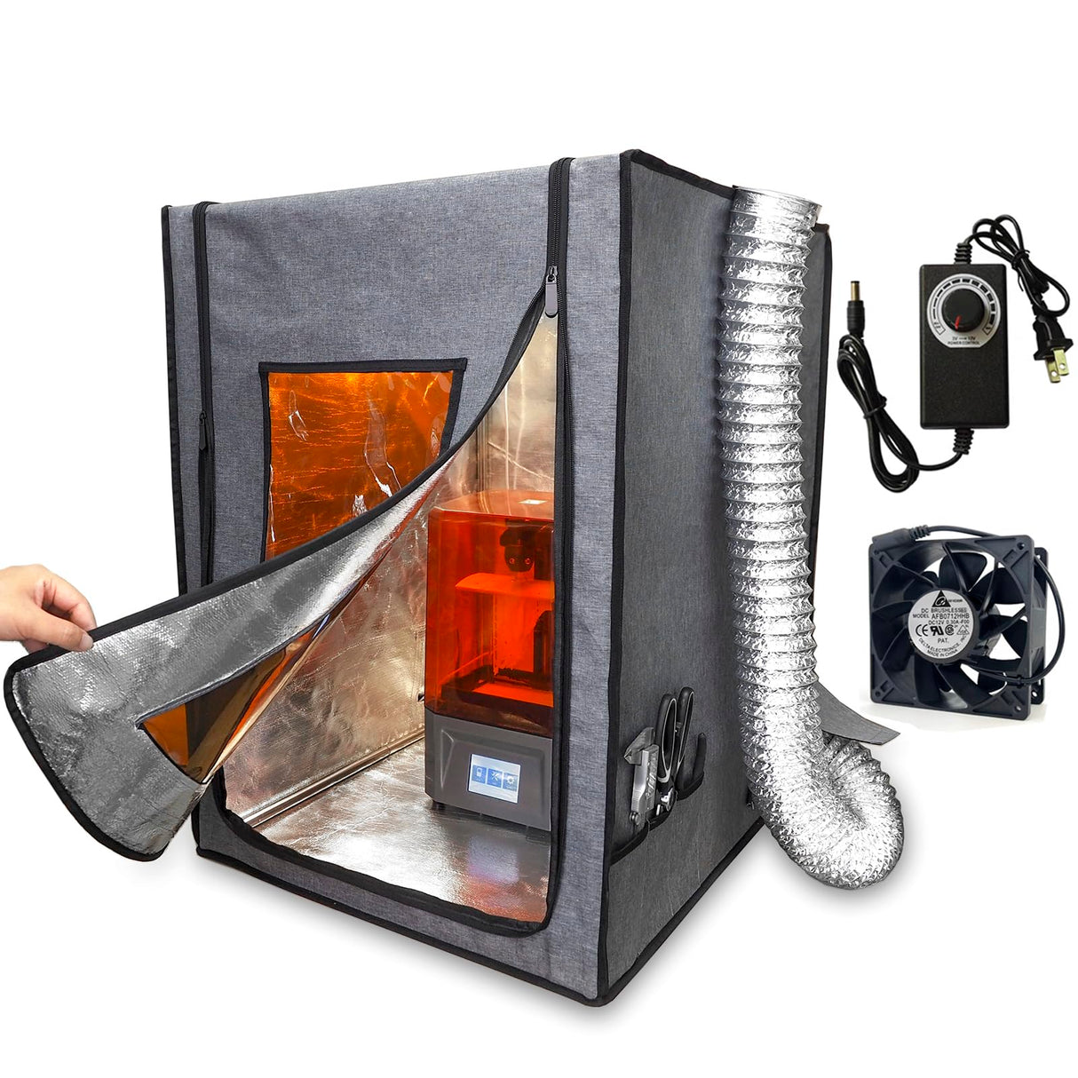 Makacces Resin 3D Printer Enclosure with Ventilation, 12V Fan Vent Pipe with Speed Controller, Fire Resistant Fabric,UV Light Shelter, Ventilate Resin Smell, Keep Warm, for Common LCD 3D Printers Makacces