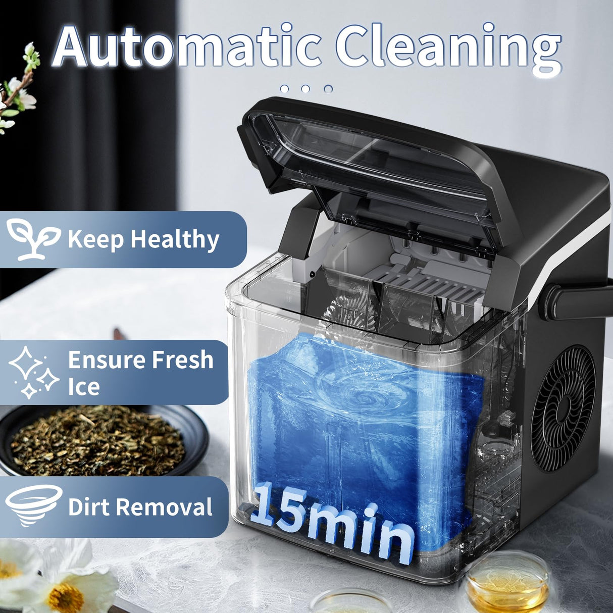 Antarctic Star Ice Maker Countertop with Auto-Cleaning, 26Lbs/24Hrs, 9 Cubes in 6 Mins, One-Click Button, 2 Sizes of Bullet Ice, Energy Saving Ice Machine, for Kitchen, Office, Dorm, Black Antarctic Star