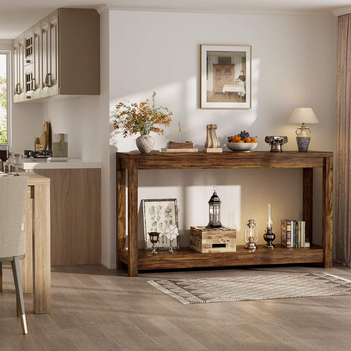 Besiost 47" Farmhouse Wood Entryway Table Narrow Console Table with Storage Behind Couch Sofa Table with Shelves Entry Way Table with Open Storage, Easy Assembly, Rustic Brown Besiost