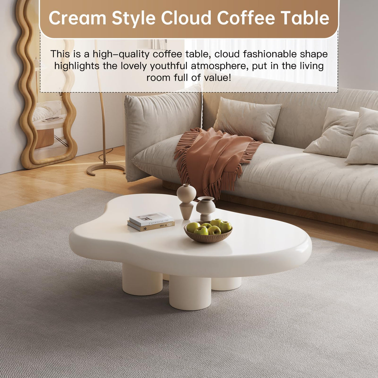 Guyii Cloud Coffee Table, Cute White Modern Tea Table, Irregular Indoor End Table for Living Room, Free Shape with 4 Legs, 35.82 Inches Guyii