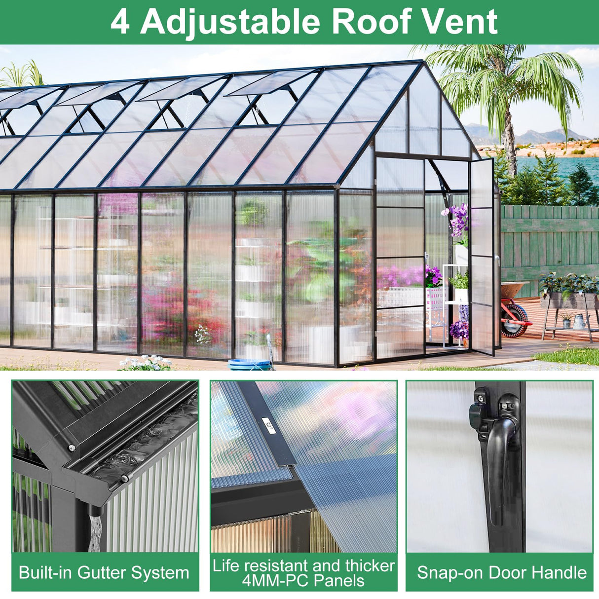 CDCASA 20x10x10 FT Greenhouse for Outdoors, Easy Assembly Large Thicker Aluminum Heavy Duty Polycarbonate Greenhouses Kit w/4 Vent Window, Walk-in Green House for Sunroom Patio,Backyard CDCASA