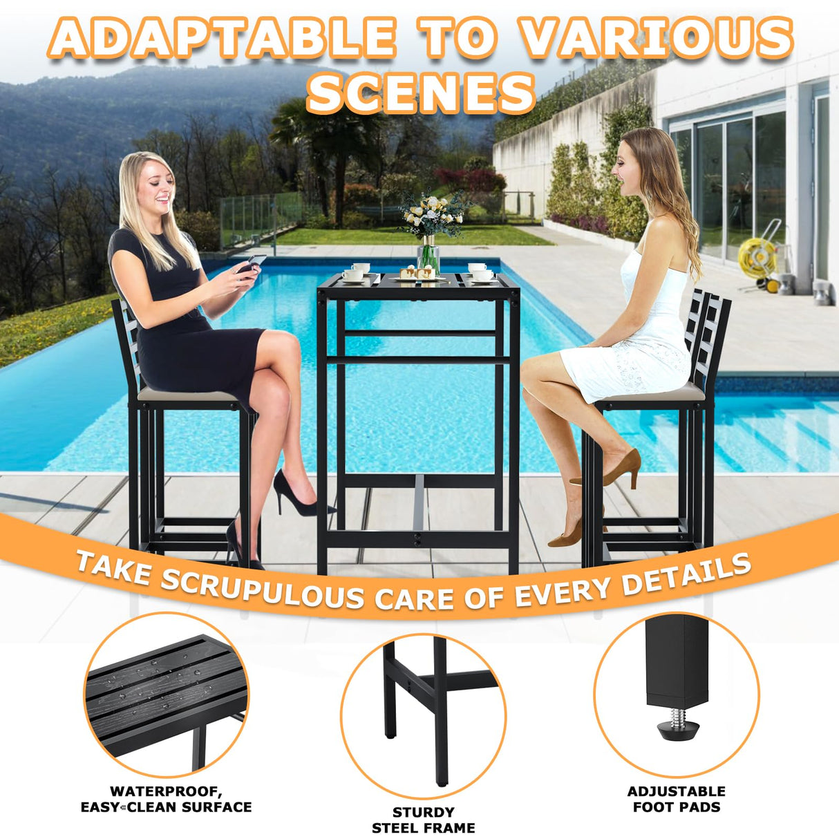 Gaonala 5 Piece Outdoor Patio Bar Set, 50" Rectangular Counter Height High Top Bar Table Patio Bar Set, 4 Cushioned 41" Bar Stools Modern Metal Outdoor Bar Set for Poolside, Balcony, Backyard, Porch Gaonala