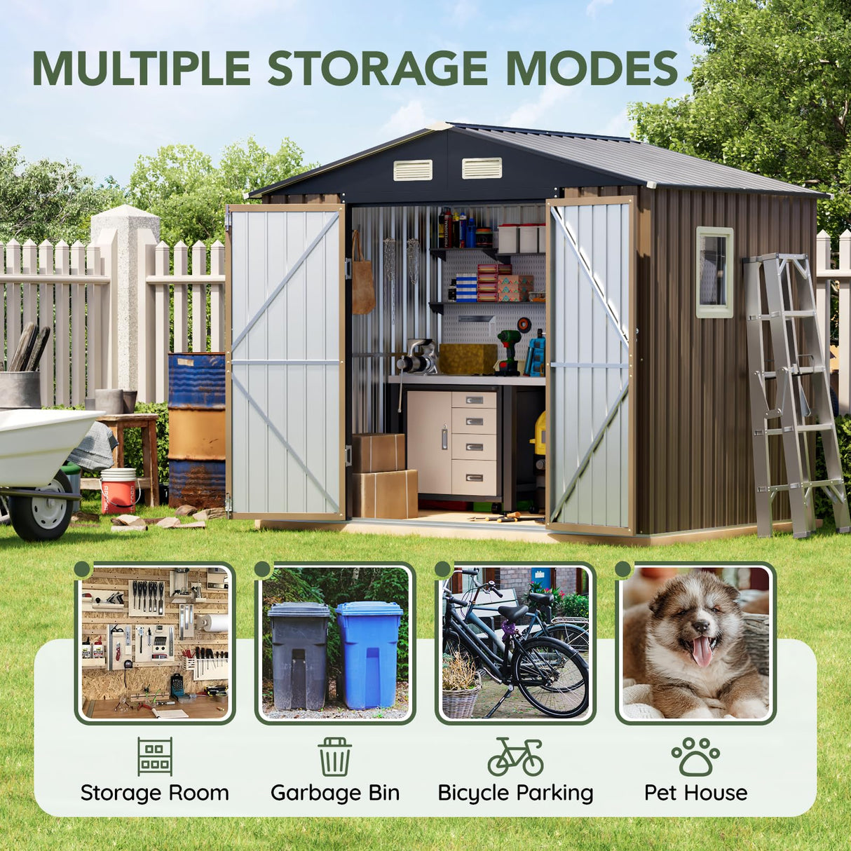 Grovellis 6x8FT Outdoor Metal Storage Shed, Double Door, 1 Clear Window, Tool Shed for Garden, Patio, Backyard Brown Grovellis