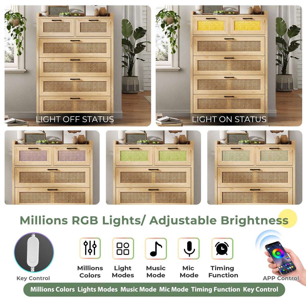 OTMCOOUCH Dresser for Bedroom with 6 Drawers, Natural Rattan Modern Wooden Tall Bedroom Dresser with Led Lights, Chest of Drawers for Bedroom, Living Room OTMCOOUCH