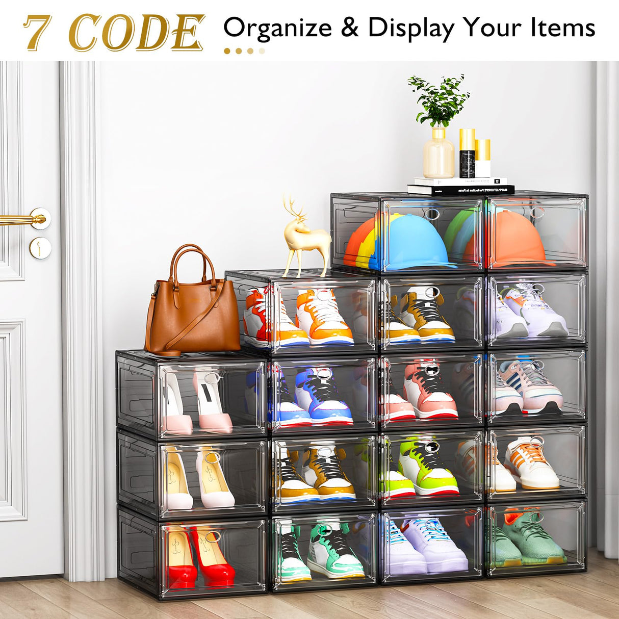 7 code Thicken & Sturdy Clear Shoe Storage Organizer with Magnetic Door, Stackable Boxes for Closet, Foldable Shoe Rack for Sneaker Boot Container, Plastic Shoe Cabinet Shoe Box 6 Pack, Black 7 code