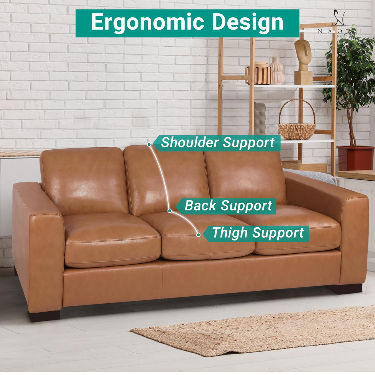 Naomi Home Freya Genuine Leather Sofa - Luxurious Comfort, Goose Feather Cushion Filling, Square Arm Design, Sturdy Block Legs, Elegant Tan - Ideal for Living Room, Office, or Bedroom Naomi Home